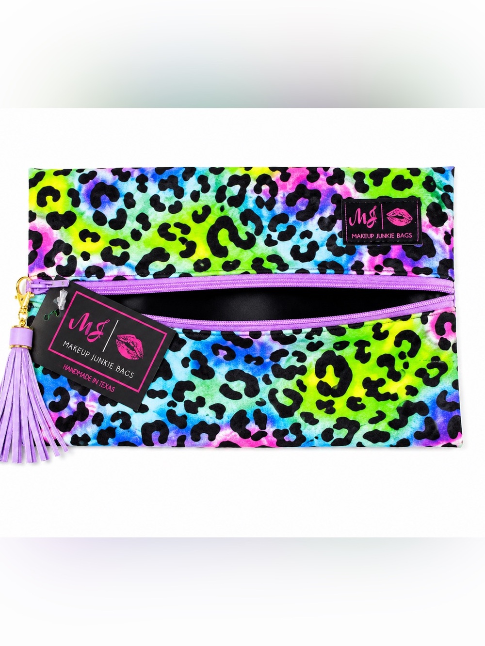 Makeup Junkie Neon Leopard SMALL Cosmetic Pouch-Multi-Color with Purple Tassel